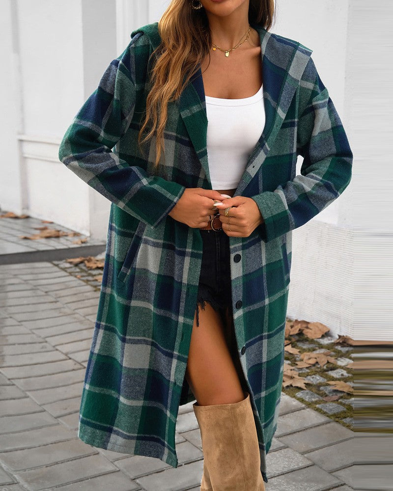 Damen Karomuster Longjacke mit Kapuze EB