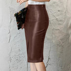 Damen Figurbetonter Kunstlederrock mit hoher Taille und Schlitz EB