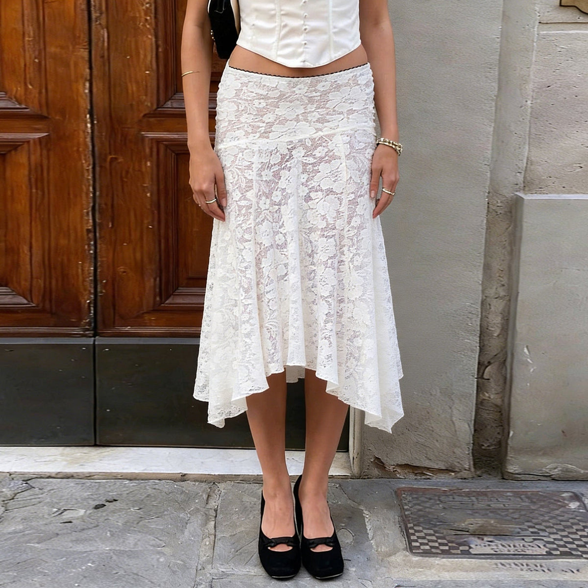 Damen eleganter Spitzenrock mit asymmetrischem Schnitt EB