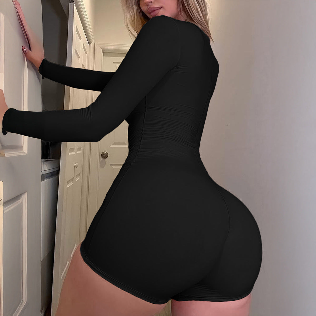 Damen Bodycon Einteiler mit langen Ärmeln und quadratischem Ausschnitt EB