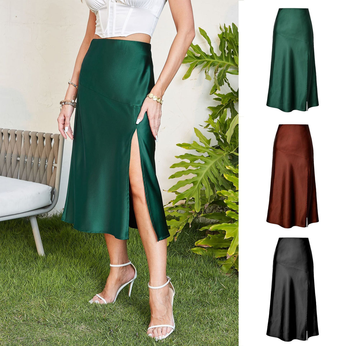 Damen eleganter Midirock aus satinierter Viskose EB