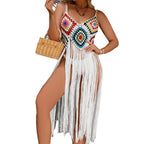 Damen Häkel-Strandüberwurf im bohemian Stil mit dekorativen Fransen EB