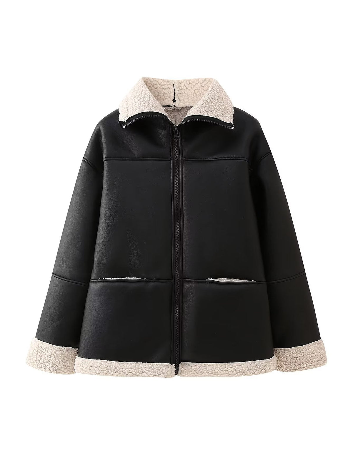 Damen Kunstlederjacke mit kuscheligem Innenfutter und hohem Kragen EB