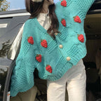 Damen Grober Strickcardigan mit Blumenstickerei und funkelnden Knöpfen EB
