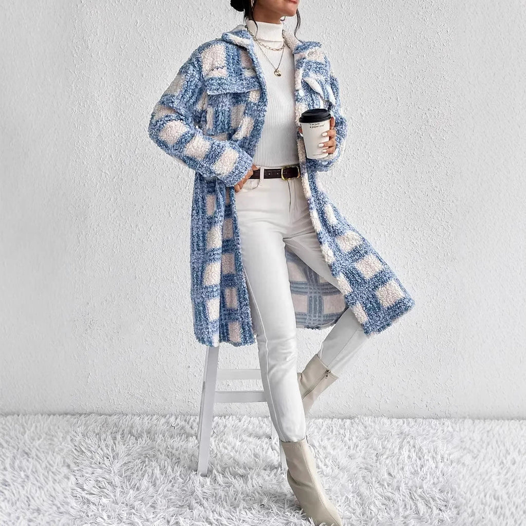 Women's teddy coat with large check pattern, shirt collar, and button closure Mune Fashion
