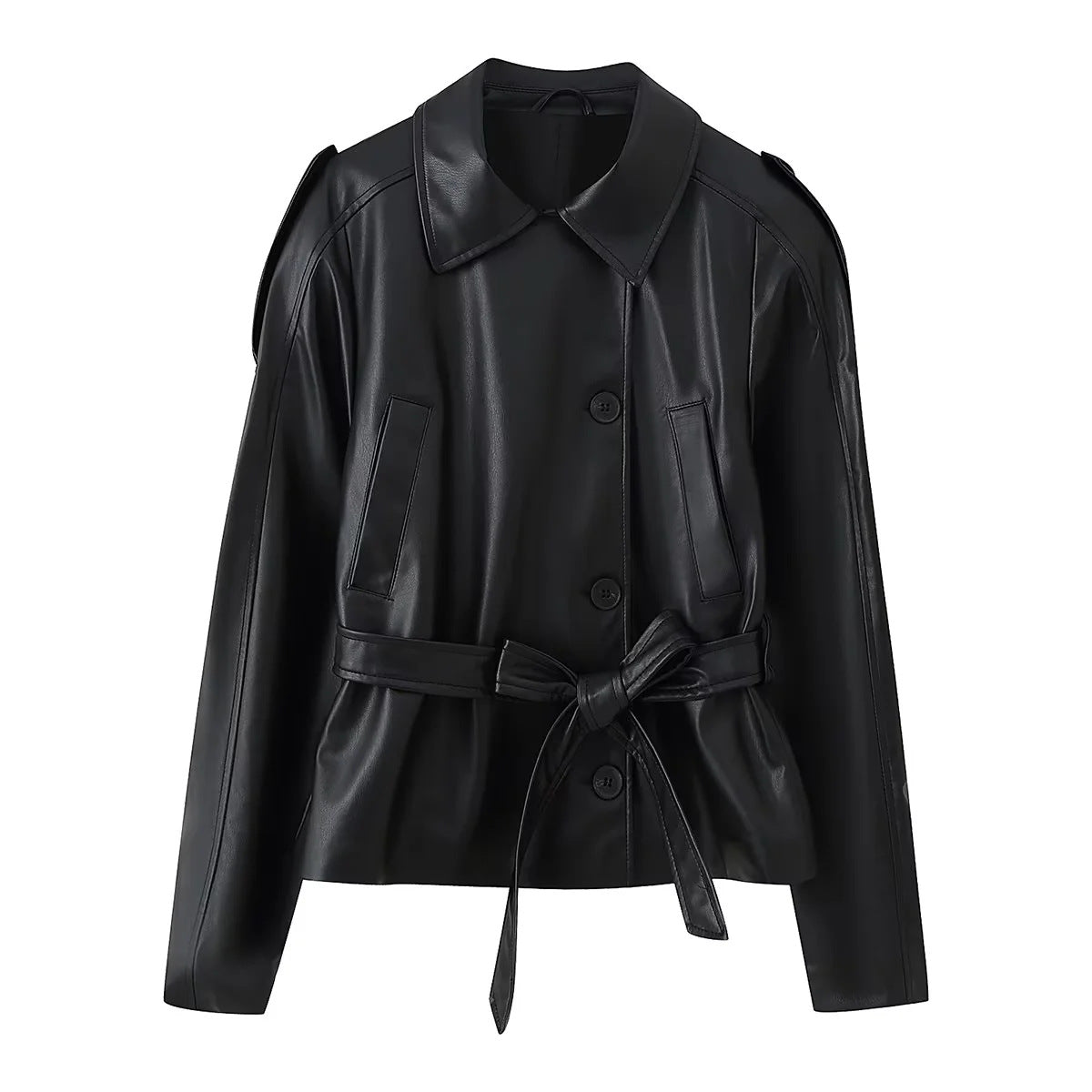 Damen Kunstlederjacke mit eleganten Knopfdetails und Gürteldesign EB