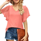 Damen V-Ausschnitt Bluse mit transparenten Rüschenschultern EB