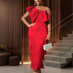 Damen Cocktailkleid mit voluminösem Rüschendesign und Fransen EB