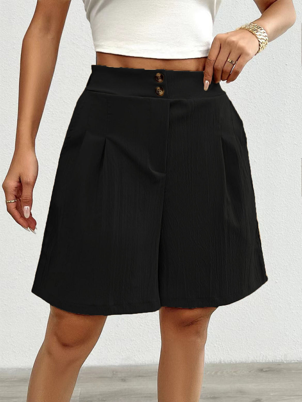Damen Hochtaillierte Shorts mit doppeltem Knopfverschluss und Falten EB
