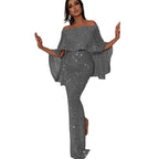 Damen Elegante bodenlange Overall mit schulterfreiem Design und schimmerndem Stoff EB