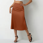 Damen eleganter Satin-Midirock mit fließendem Schnitt und hohem Bund EB