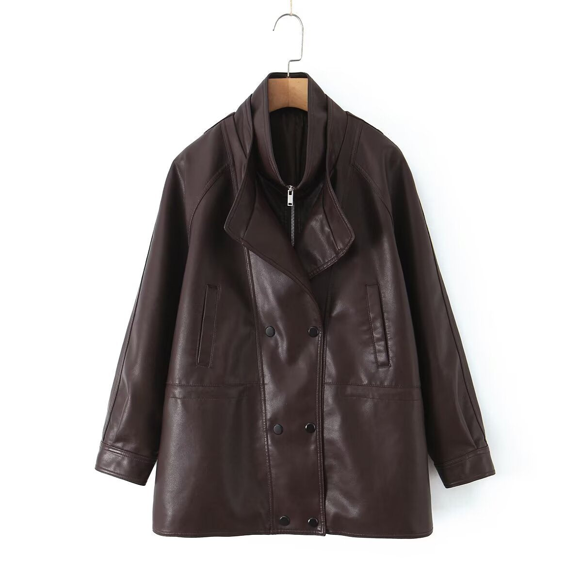 Damen Kunstlederjacke mit breitem Revers und praktischen Taschen EB
