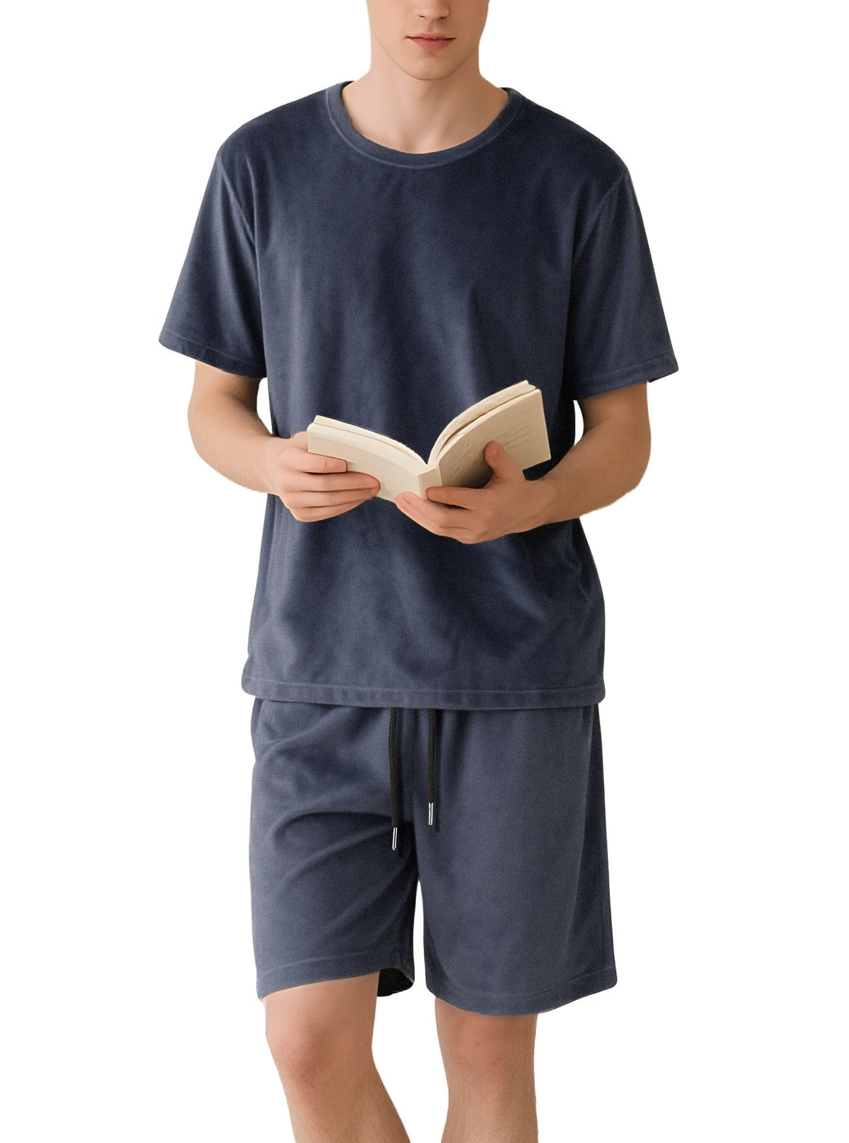 Herren nan Samtvelours Lounge-Set mit Rundhals-Kurzarmshirt und Kordelshorts EB