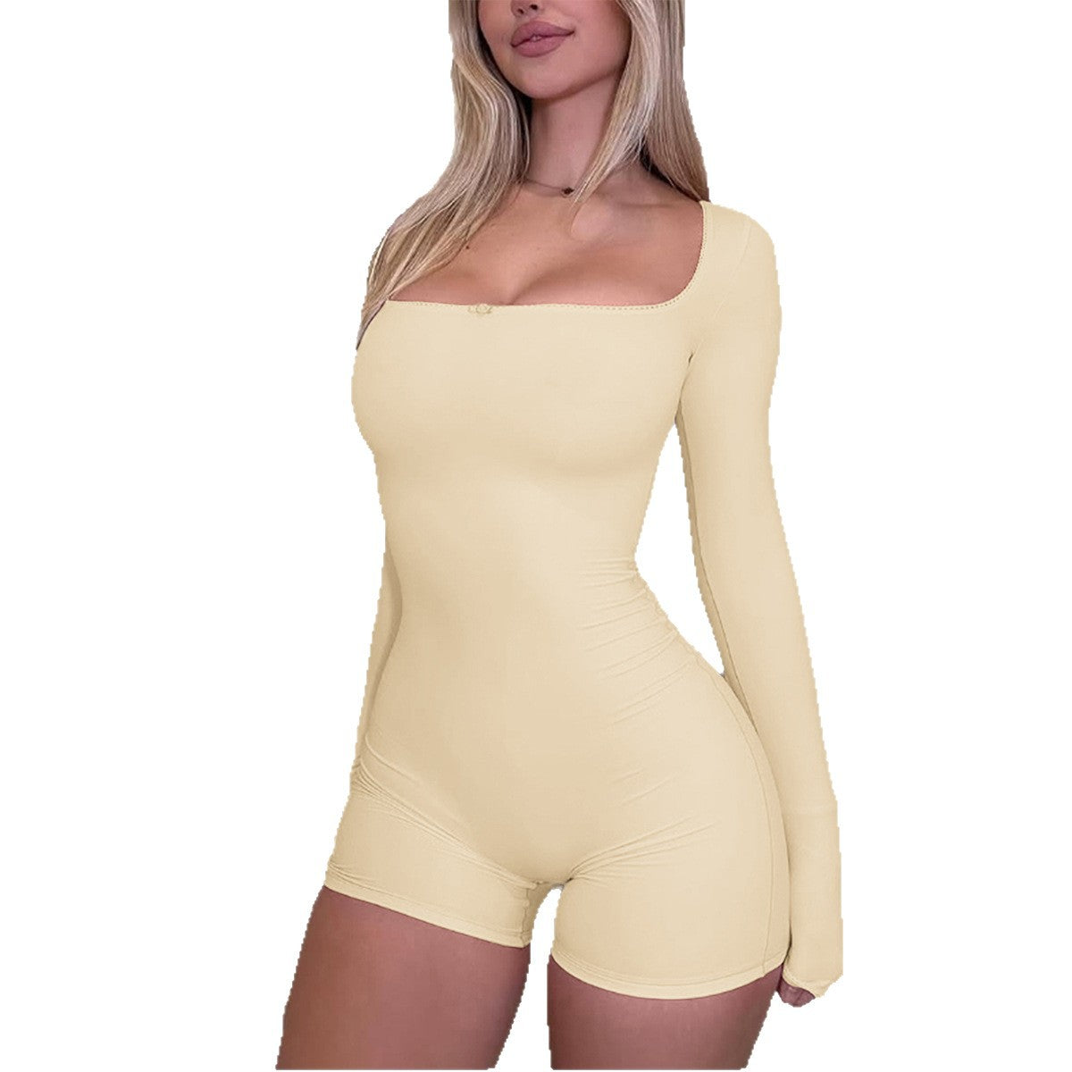 Damen Bodycon Einteiler mit langen Ärmeln und quadratischem Ausschnitt EB