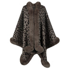 Damen kuscheliger Poncho mit luxuriösem Kunstfellbesatz und Leopardenmuster EB