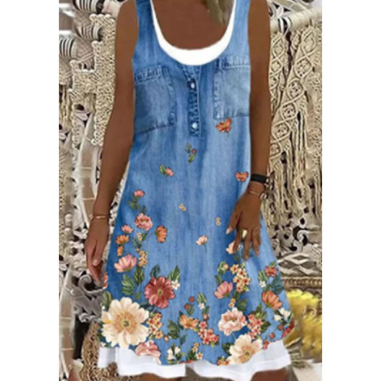 Damen ärmelloses Jeanskleid mit floralem Design und Knopfleiste EB