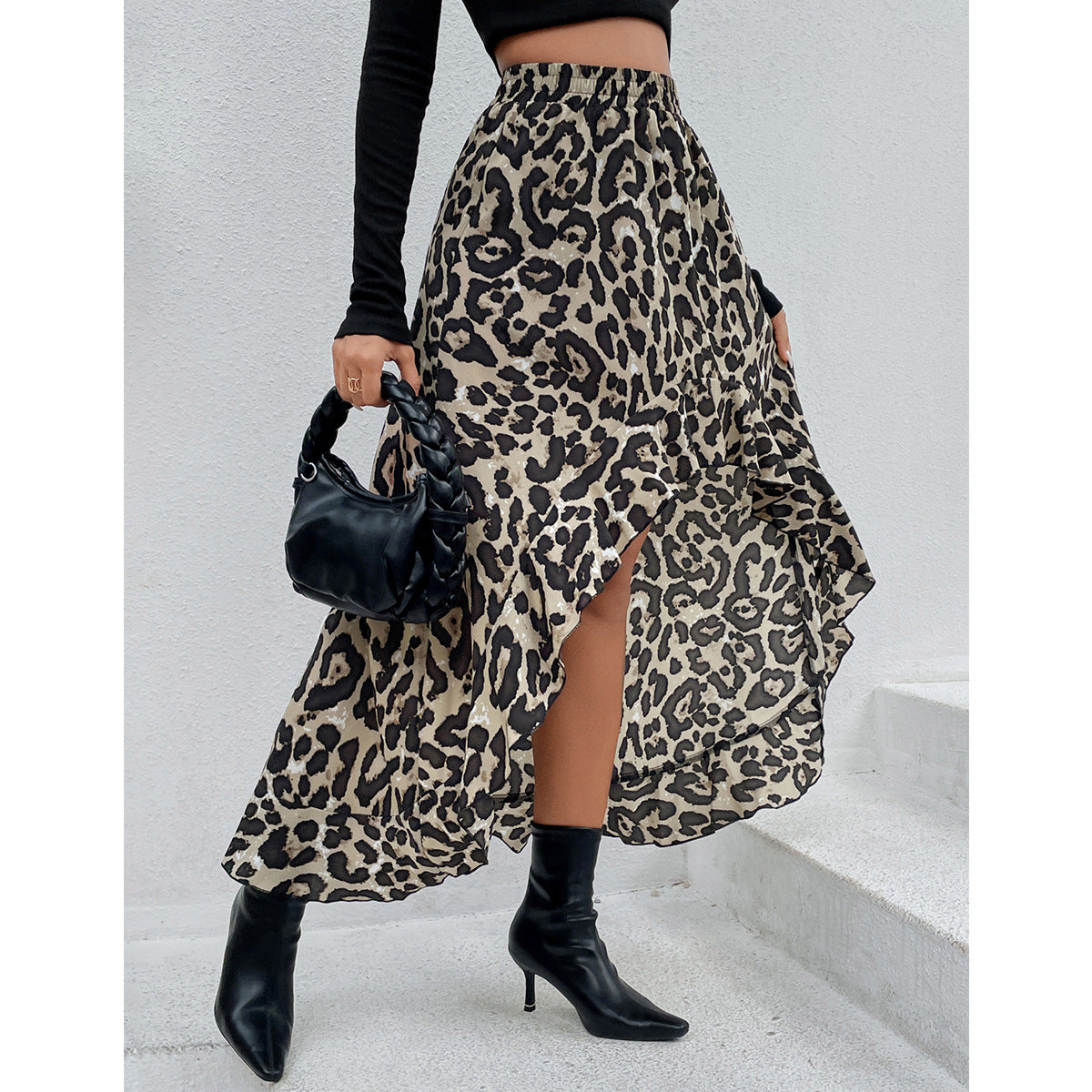 Damen Asymmetrischer Maxi-Rock mit aufregendem Leopardenmuster und Rüschendetails EB