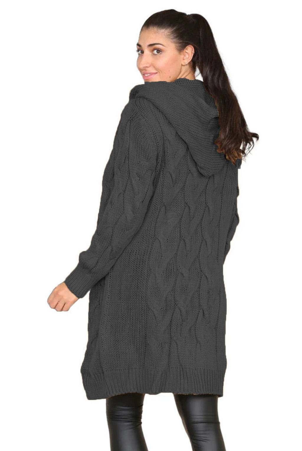 Damen Strickmantel mit Kapuze und kunstvollem Zopfmuster EB