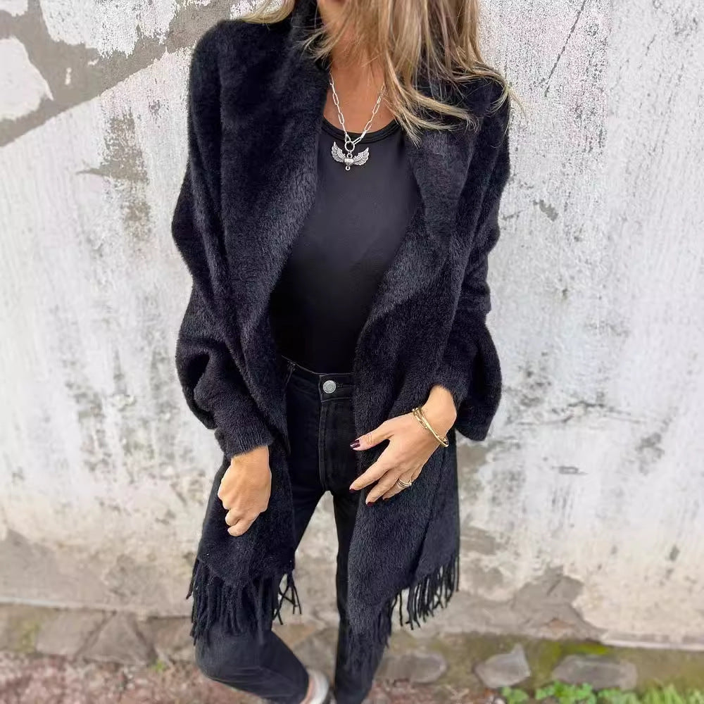 Damen Kuscheliger Strickponcho mit Fransen EB