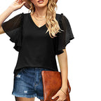 Damen V-Ausschnitt Bluse mit transparenten Rüschenschultern EB