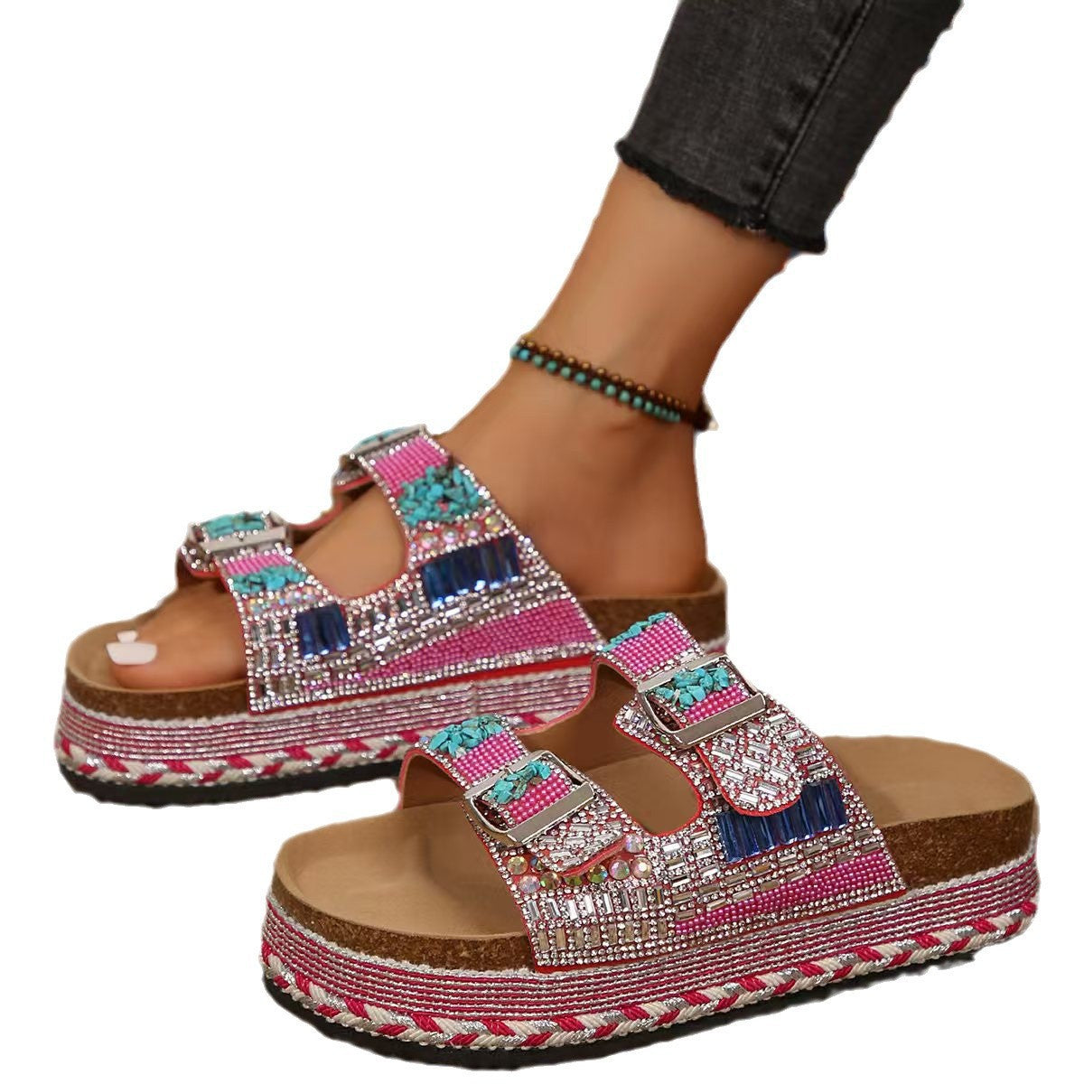 Damen Komfortable Riemchen-Sandalen mit kunstvollen Verzierungen und anpassbarem Riemendesign EB