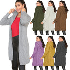 Damen Langer Strickmantel mit elegantem Zopfmuster und Kapuze EB