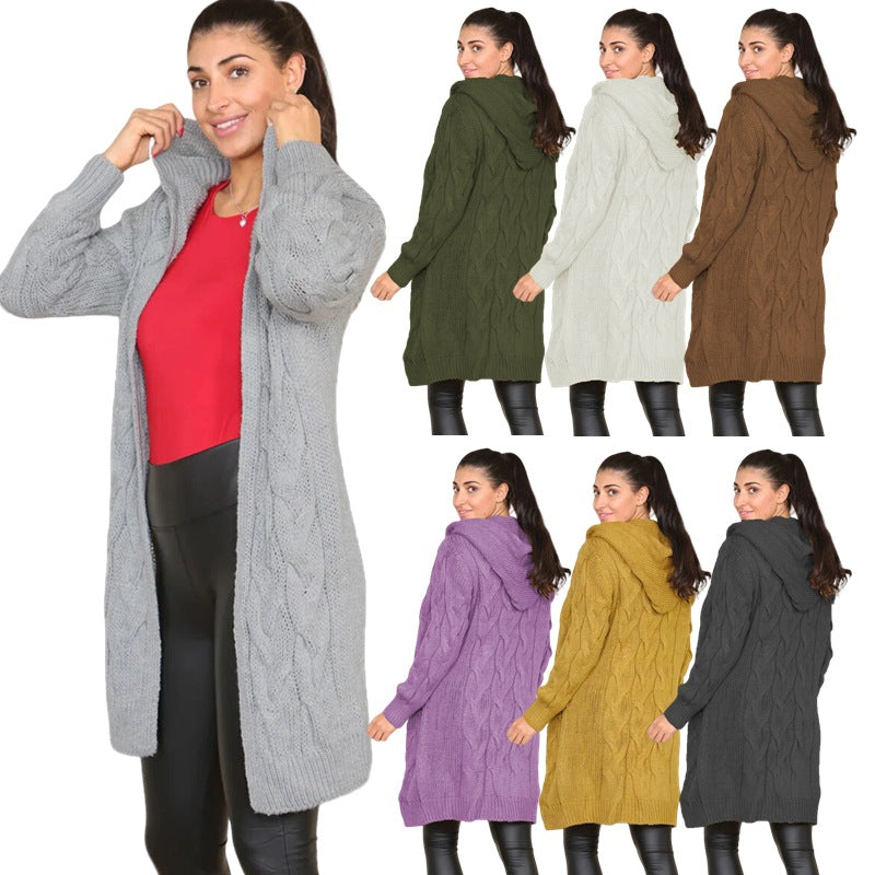Damen Langer Strickmantel mit elegantem Zopfmuster und Kapuze EB