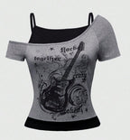 Damen Asymmetrisches Rock-T-Shirt mit grafischem Druck EB