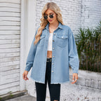 Damen Denim-Überhemd mit fransigem Saum und aufgesetzten Taschen EB