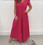 Damen luftiger Jumpsuit mit weit geschnittenem Bein und V-Ausschnitt EB
