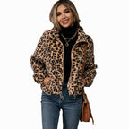 Damen Fleecejacke mit Leoparddruck und seitlichen Taschen EB