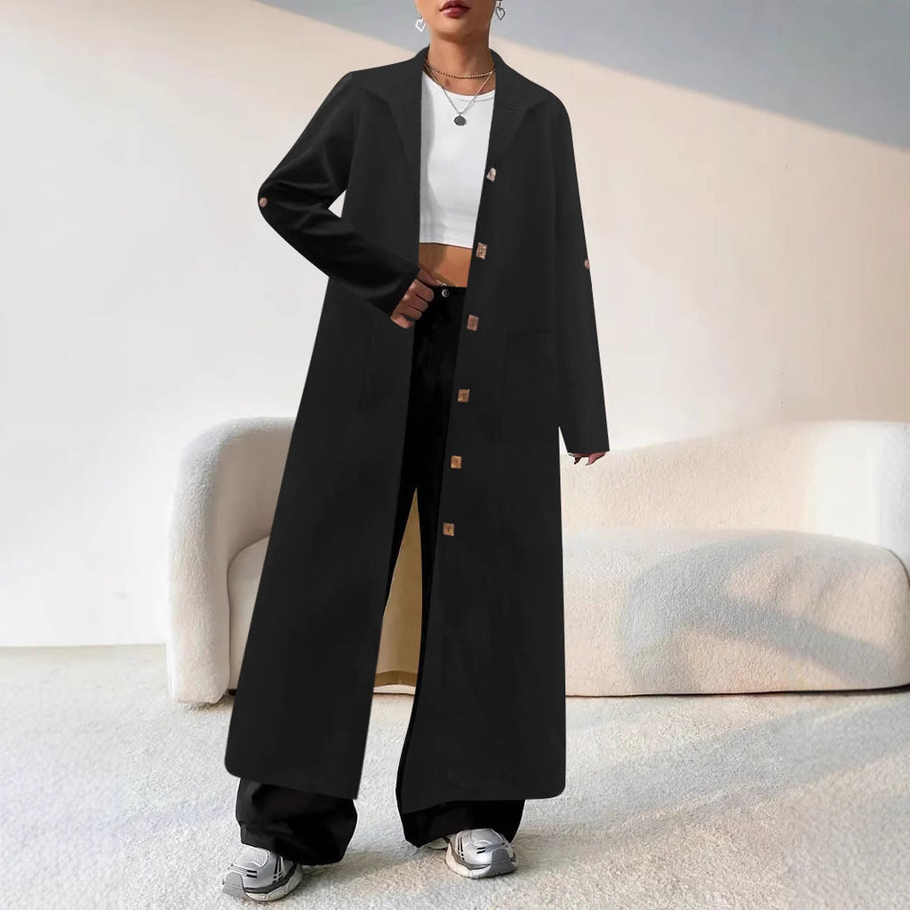 Damen Langmantel aus weichem Stoff mit eleganten Knopfdetails und Taschen EB