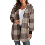 Damen Kuschelige Fleecejacke mit Karomuster und kapuziertem Design EB