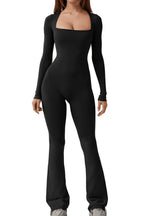 Damen nan figurbetonter Langarm-Jumpsuit mit quadratischem Ausschnitt und ausgestellter Schlaghose EB