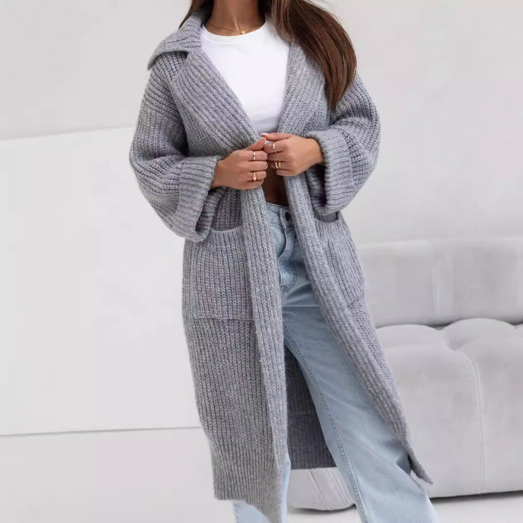 Damen Langer Strickmantel mit Kapuze und praktischen Taschen EB