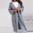 Damen Langer Strickmantel mit Kapuze und praktischen Taschen EB