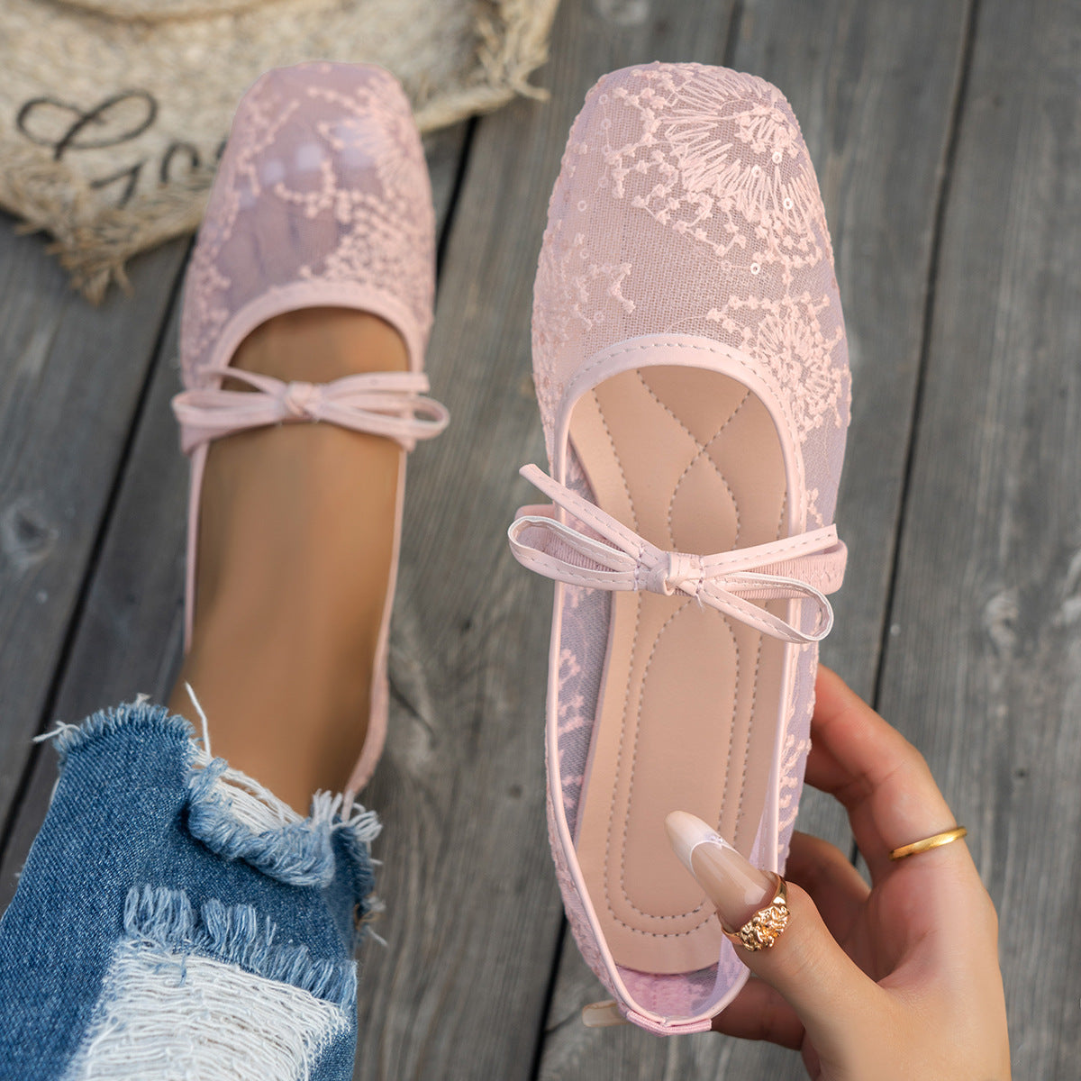Damen elegante Ballerinas mit floralen Applikationen und rutschfester Sohle EB