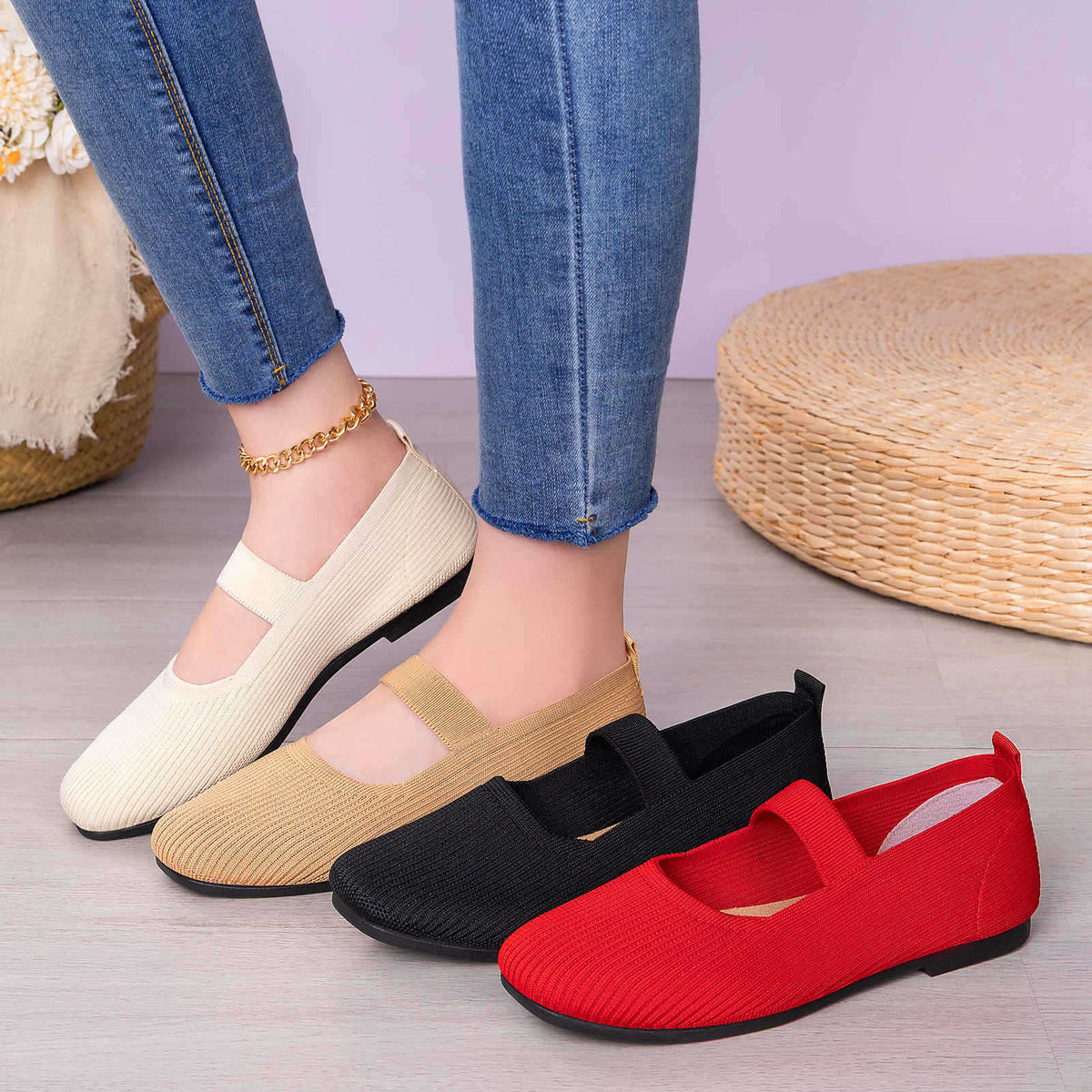 Damen Bequeme Strick-Ballerinas mit elastischem Riemen EB
