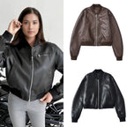 Damen Kunstleder Bomberjacke mit elastischem Abschluss und praktischen Taschen EB