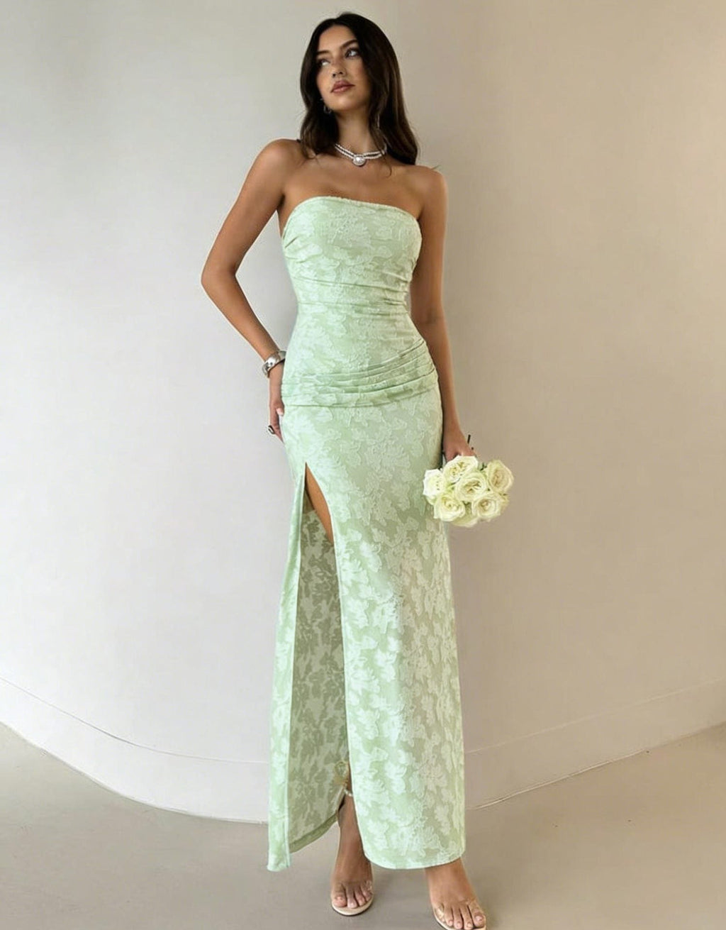 Damen Elegantes Maxikleid mit floralem Design und hoher Teilung EB