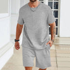 Herren nan Waffelstruktur Wohn- und Freizeit-Set mit weit geschnittenem Kurzarmshirt und kurzer Hose mit elastischem Bund EB