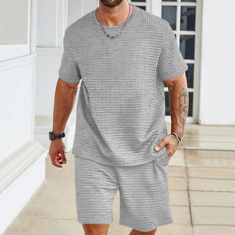 Herren nan Waffelstruktur Wohn- und Freizeit-Set mit weit geschnittenem Kurzarmshirt und kurzer Hose mit elastischem Bund EB