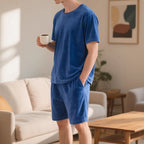 Herren nan Samtvelours Lounge-Set mit Rundhals-Kurzarmshirt und Kordelshorts EB