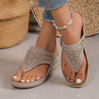 Damen Bequeme Zehentrenner-Sandalen mit Perlenschmuck und anatomischem Fußbett EB