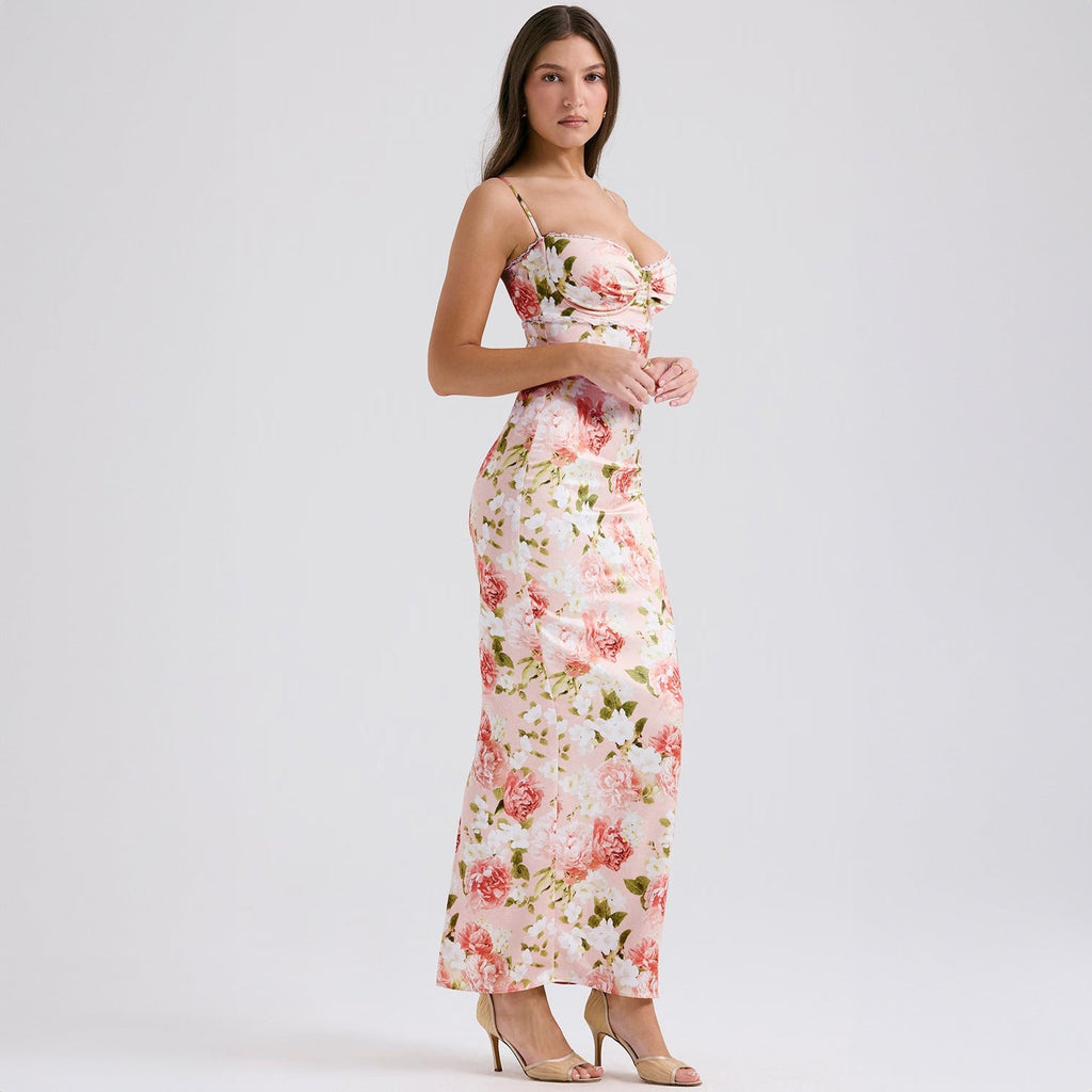 Damen Elegantes figurbetontes Maxikleid mit floralem Design EB