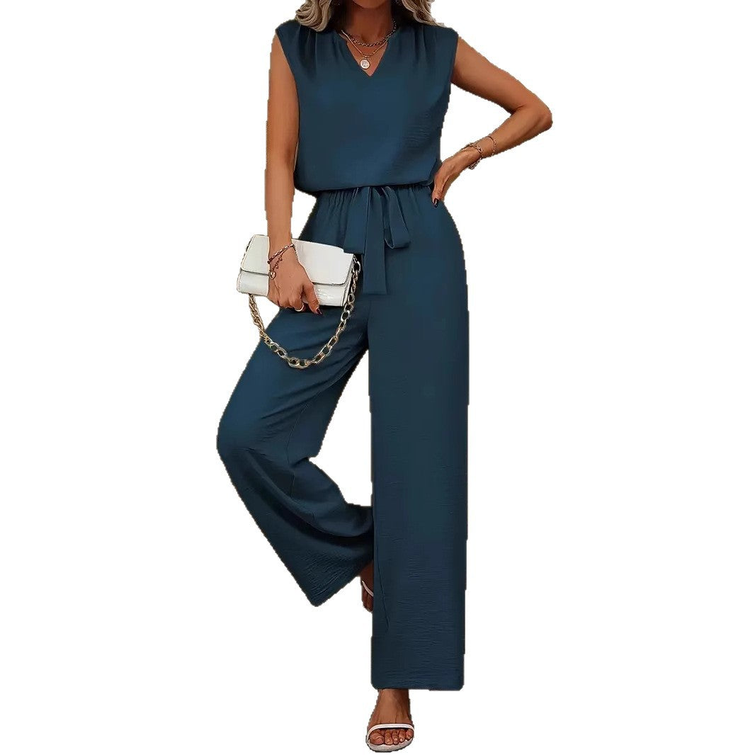 Eleganter Damen-Jumpsuit mit V-Ausschnitt und Taillenknoten