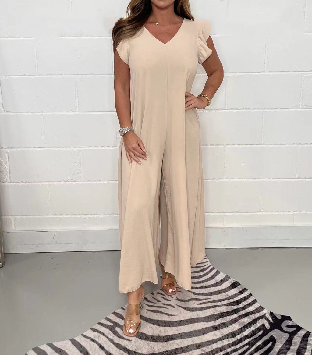 Damen luftiger Jumpsuit mit weit geschnittenem Bein und V-Ausschnitt EB