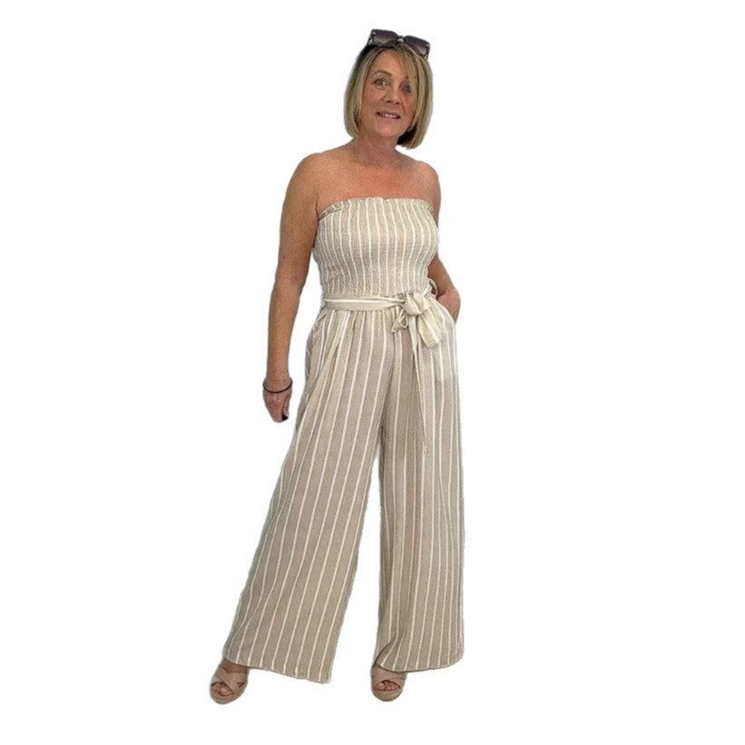 Damen Eleganter Jumpsuit mit gestreiftem Design und Gürtel EB