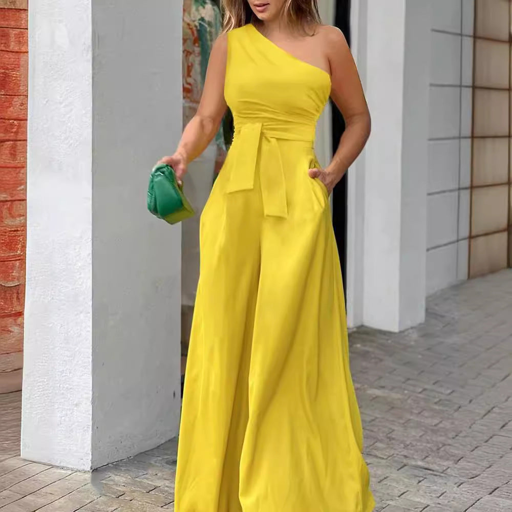 Damen Eleganter Jumpsuit mit asymmetrischem Ausschnitt und Taillengürtel EB