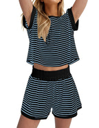 Damen Lässiges gestreiftes Set aus lockerer Oberteil und Shorts EB